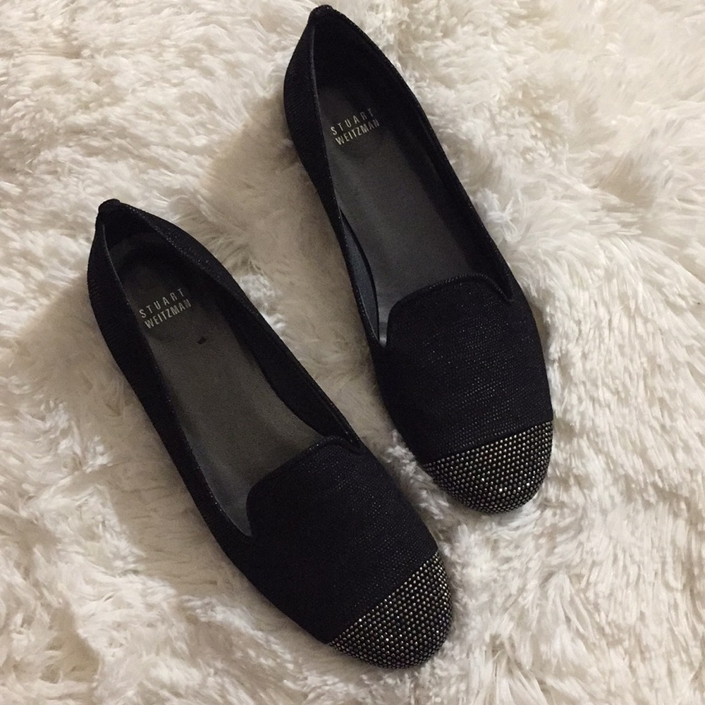 Stuart Weitzman Black sparkly Slip on flats.